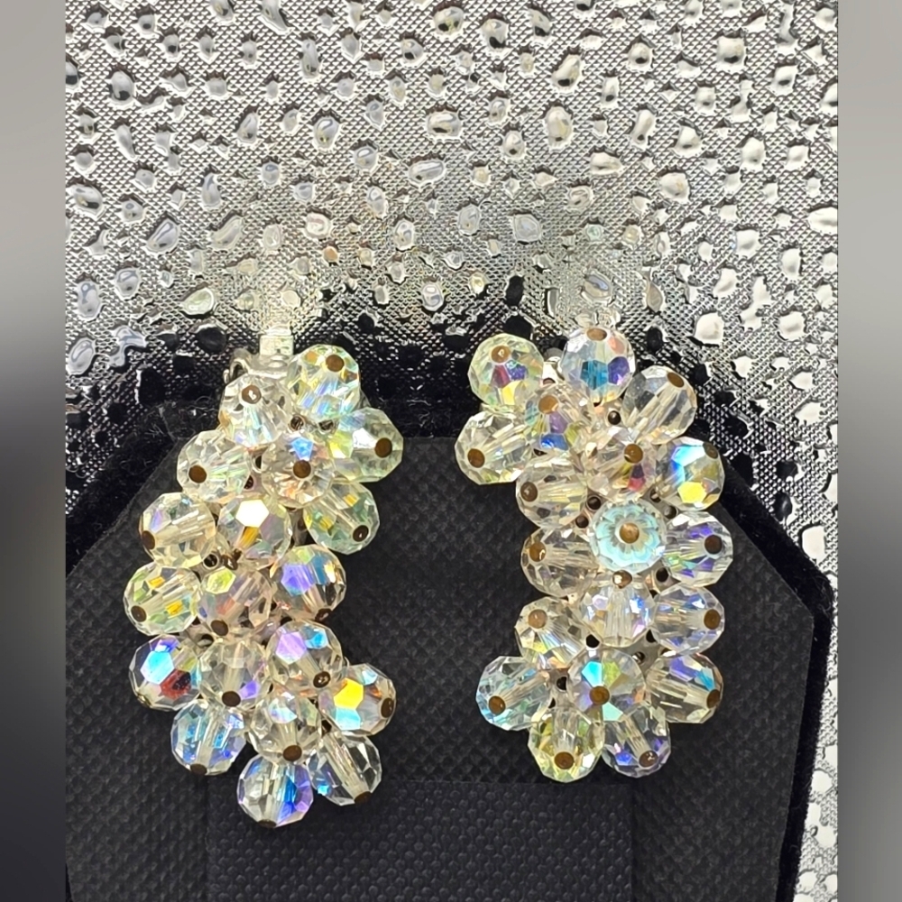 Vintage Faceted AB Coated Beads Cluster Ear Climber Clip On Earrings
